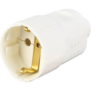Eine weiße elektrische Steckerverbindung mit goldfarbenen Metallkontakten, abgebildet in einer Nahaufnahme.