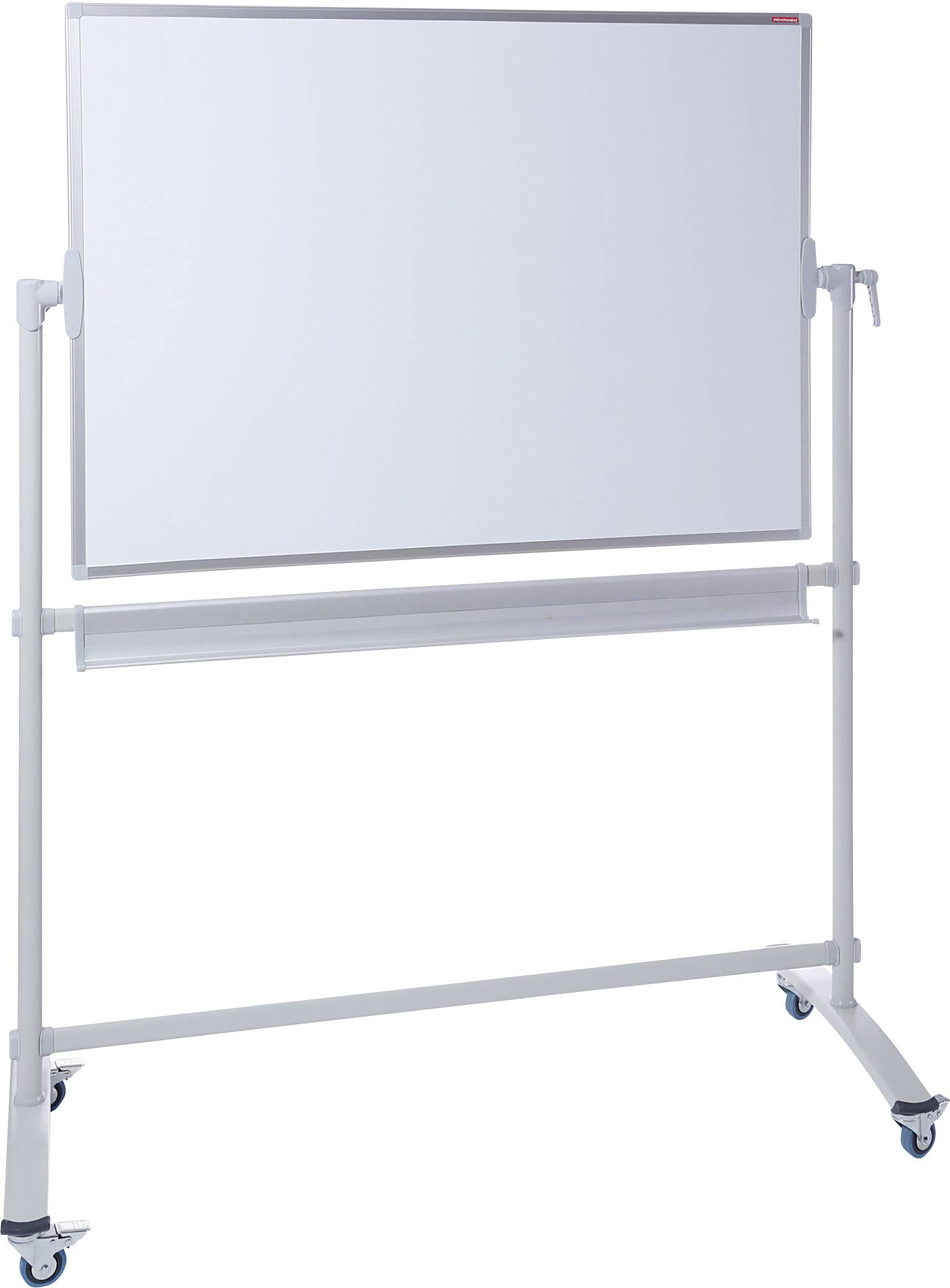 Weißes Whiteboard auf einem rollbaren Ständer mit Rädern, geeignet für Präsentationen oder Unterricht.
