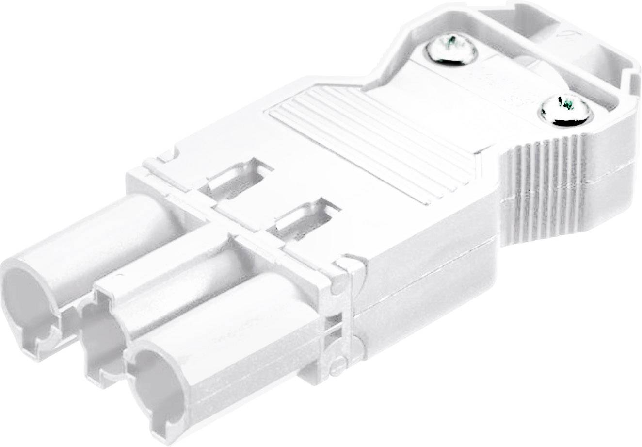 Weißer zweipoliger elektrischer Stecker mit zwei Schrauben an der Oberseite. Geeignet für industrielle Anwendungen.