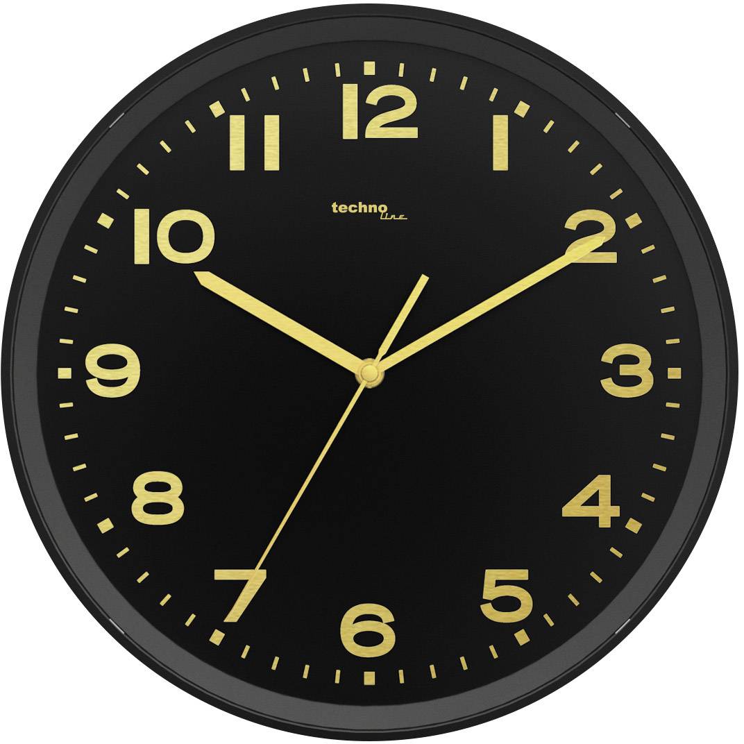 Eine schwarze analoge Uhr mit goldenen Zeigern und Ziffern zeigt 10:09 Uhr.