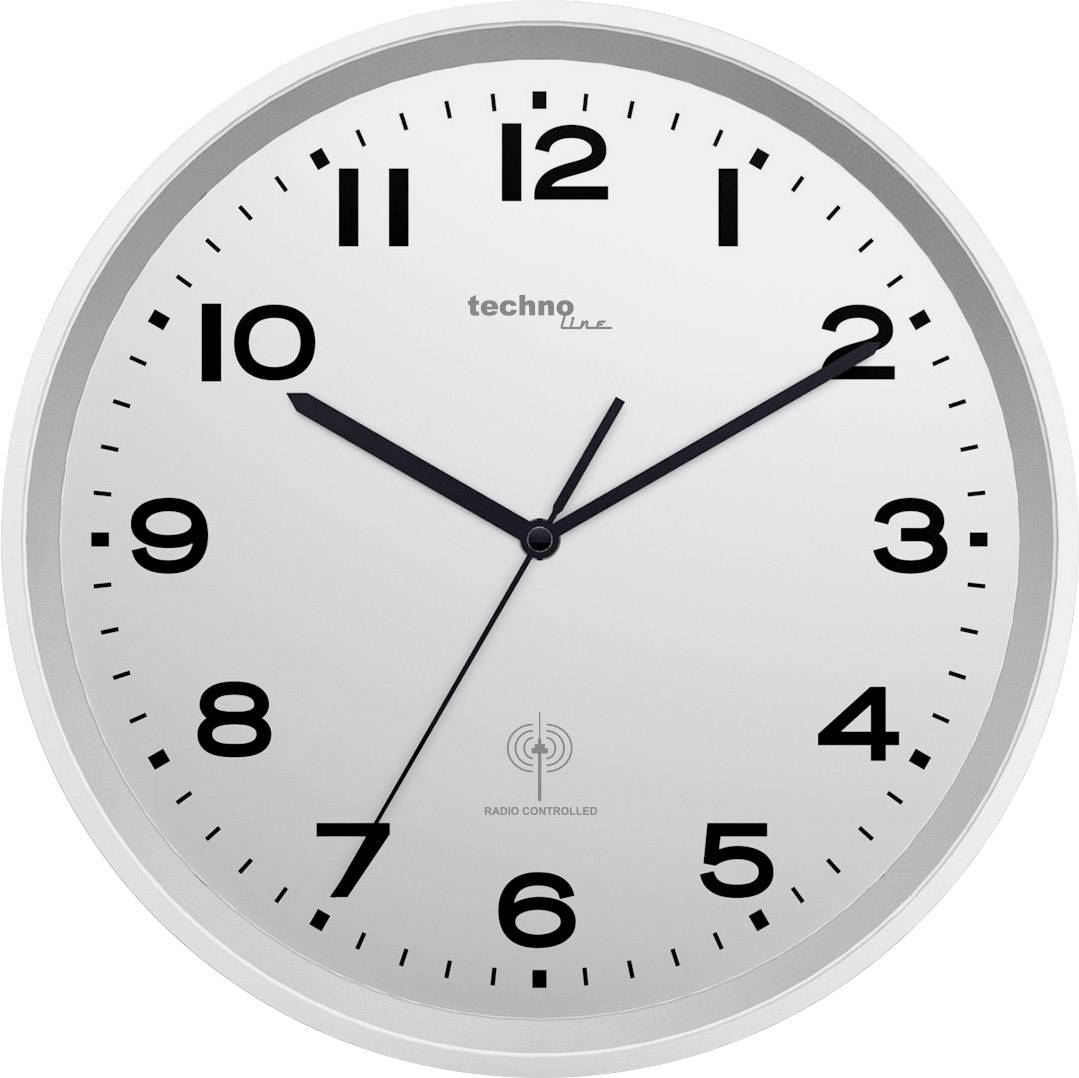 Analoge Wanduhr, zeigt 10:10 Uhr. Hintergrund ist weiß, Zahlen und Zeiger sind schwarz. Oben steht 'techno Line'.