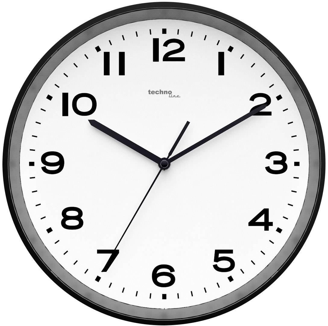 Analoge Wanduhr mit schwarzem Rahmen und weißen Ziffernblatt. Zeiger zeigen auf 10:10.