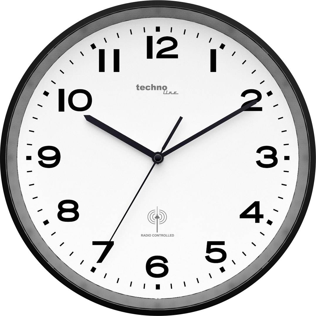Analoge Wanduhr mit weißem Zifferblatt und schwarzen arabischen Ziffern. Zeiger zeigen auf 10:10 Uhr.