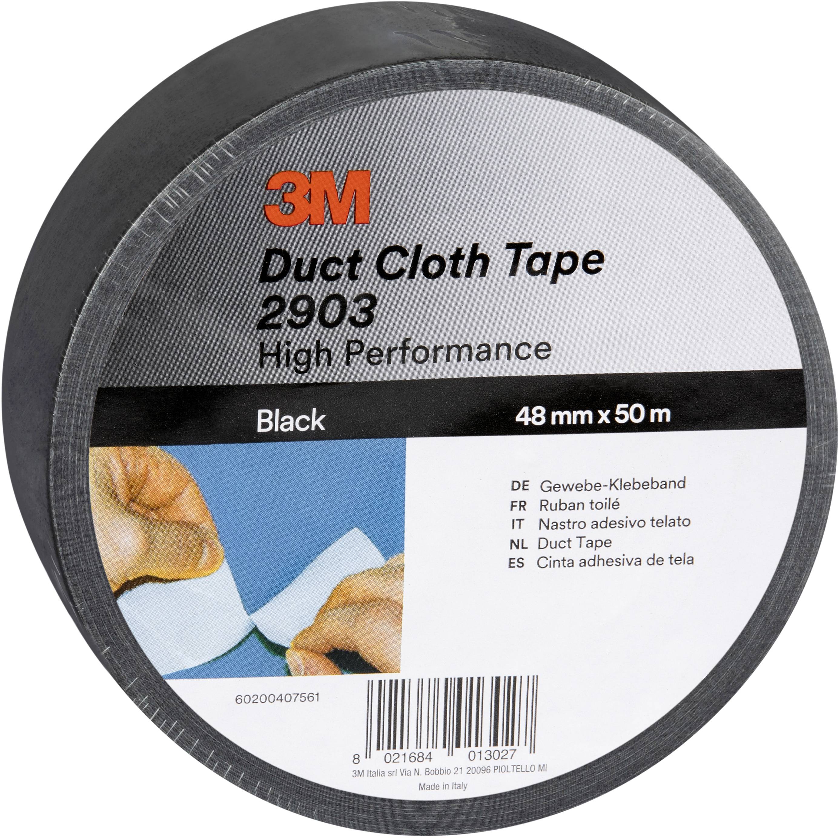 Rolle 3M Duct Cloth Tape 2903, Hochleistung, schwarz, 48 mm x 50 m, mit Produktetikett und Barcode.