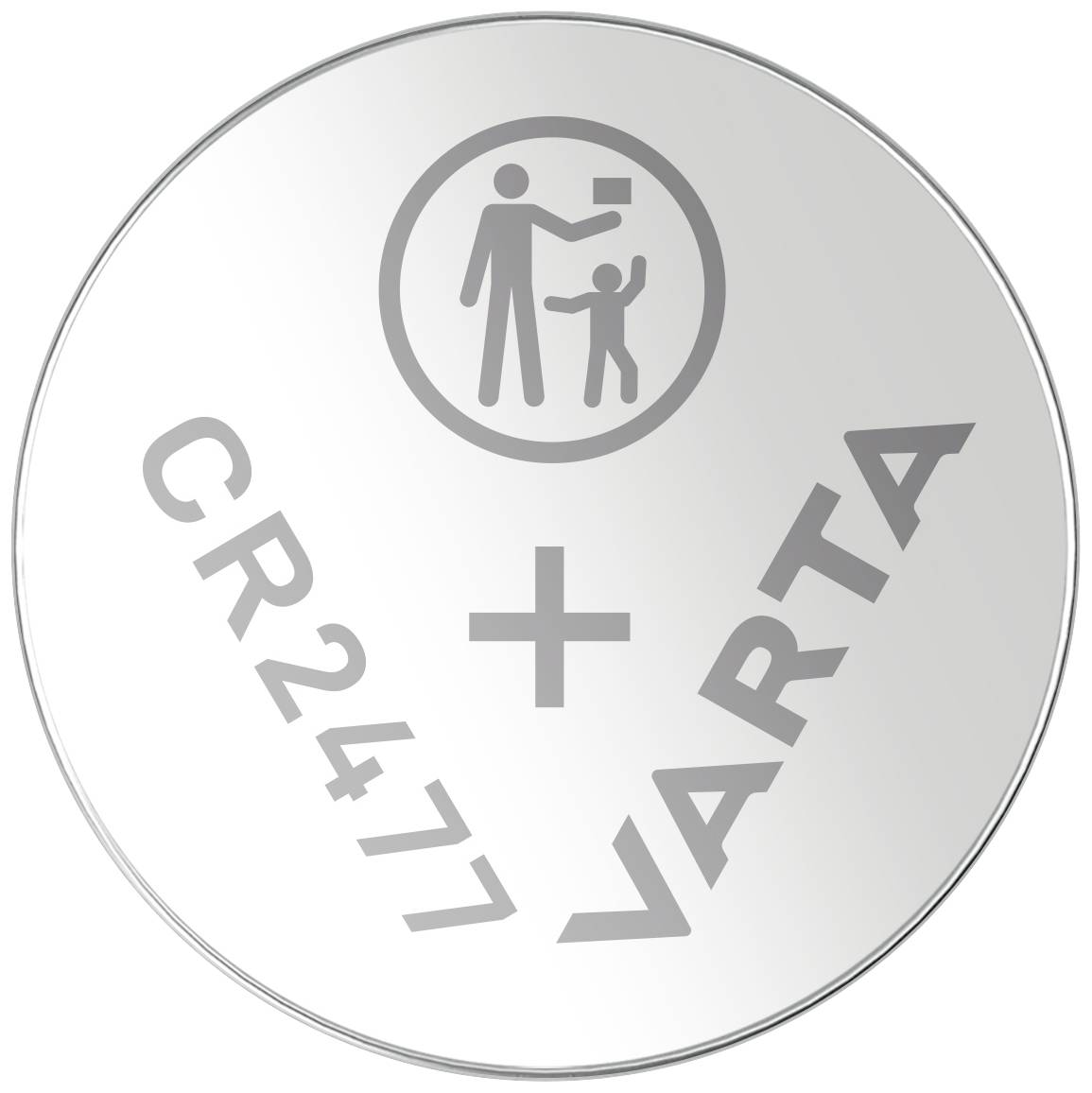 'CR2477 VARTA' Knopfzelle mit Symbol eines Erwachsenen, der ein Paket an ein Kind übergibt.