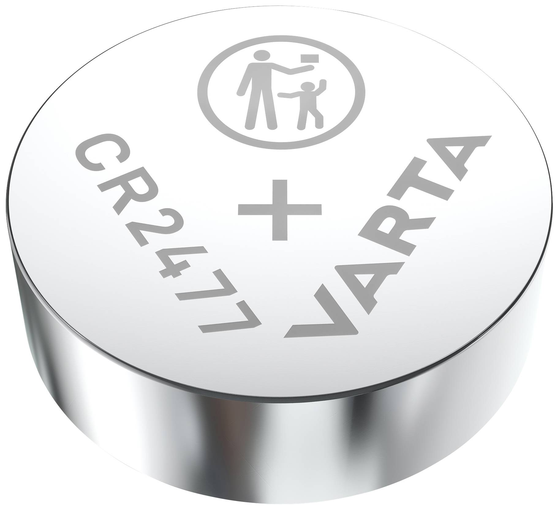 Silberne Knopfzelle mit Aufschrift 'CR2477 VARTA' und Symbol, das Anweisungen zur Handhabung durch Erwachsene zeigt.