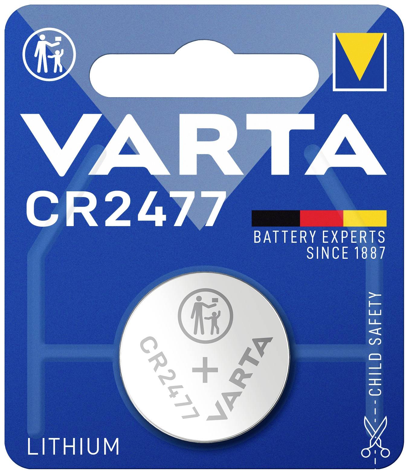 Eine runde Lithium-Batterie 'CR2477' von VARTA, in blauer Verpackung mit Kindersicherheitsmerkmalen, wird als langlebig beworben.