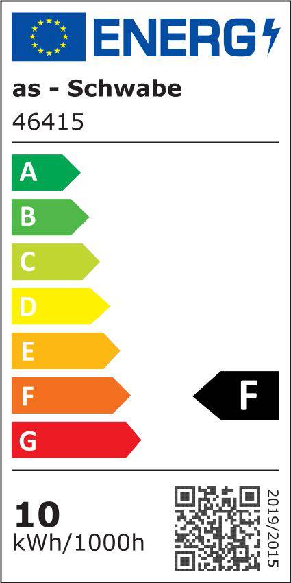 Energieeffizienzlabel: Produkt von 'as - Schwabe', Effizienzklasse F, Energieverbrauch 10 kWh/1000h. Farbbalken von A (grün) bis G (rot).