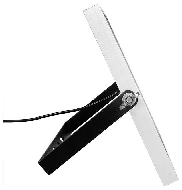 Eine Seitenansicht eines modernen Flachbildschirms auf einem Ständer, der ein schlankes Schwarz-Silber-Design mit angeschlossenem Netzkabel zeigt.