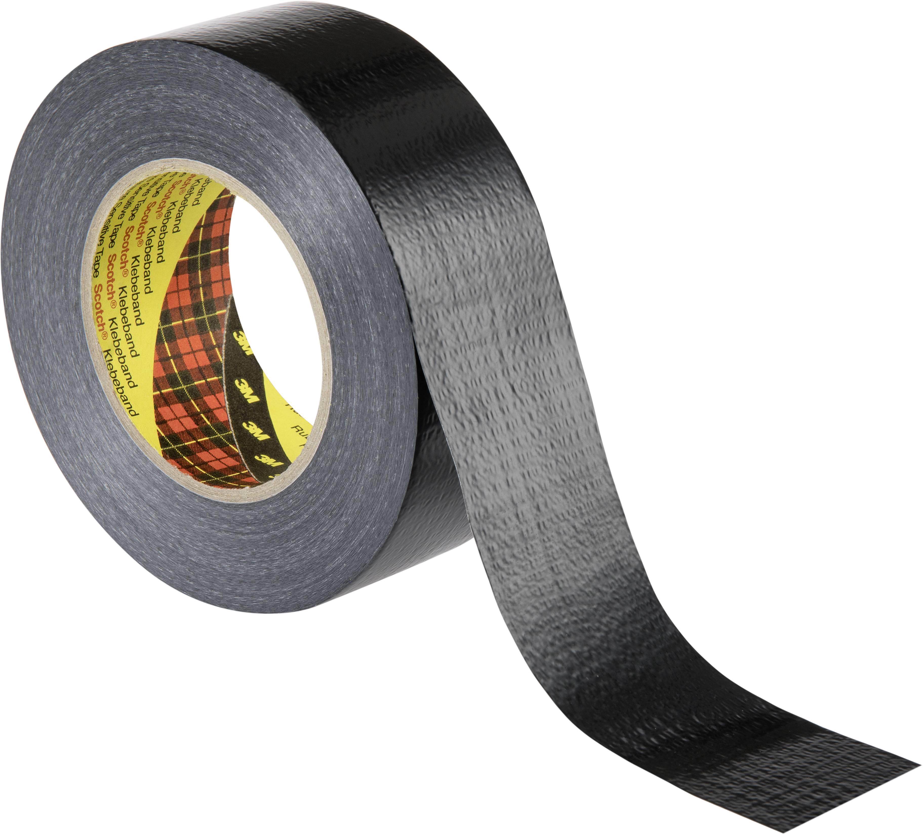 Eine Rolle schwarzes Klebeband mit einem abgerollten Streifen auf weißem Hintergrund.