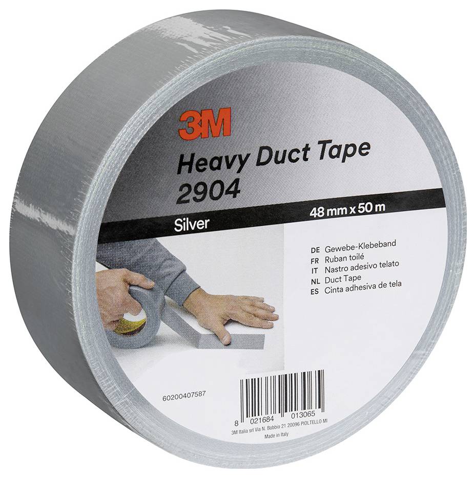 Rolle 3M Heavy Duct Tape 2904, silber, 48 mm x 50 m, mit Produktetikett und Barcode.