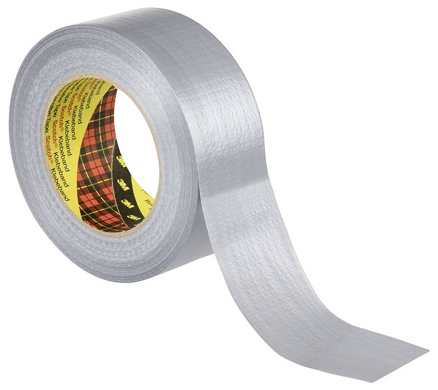 Eine Rolle silbernes Klebeband mit einem lockeren, aufgerollten Streifen auf weißem Hintergrund.