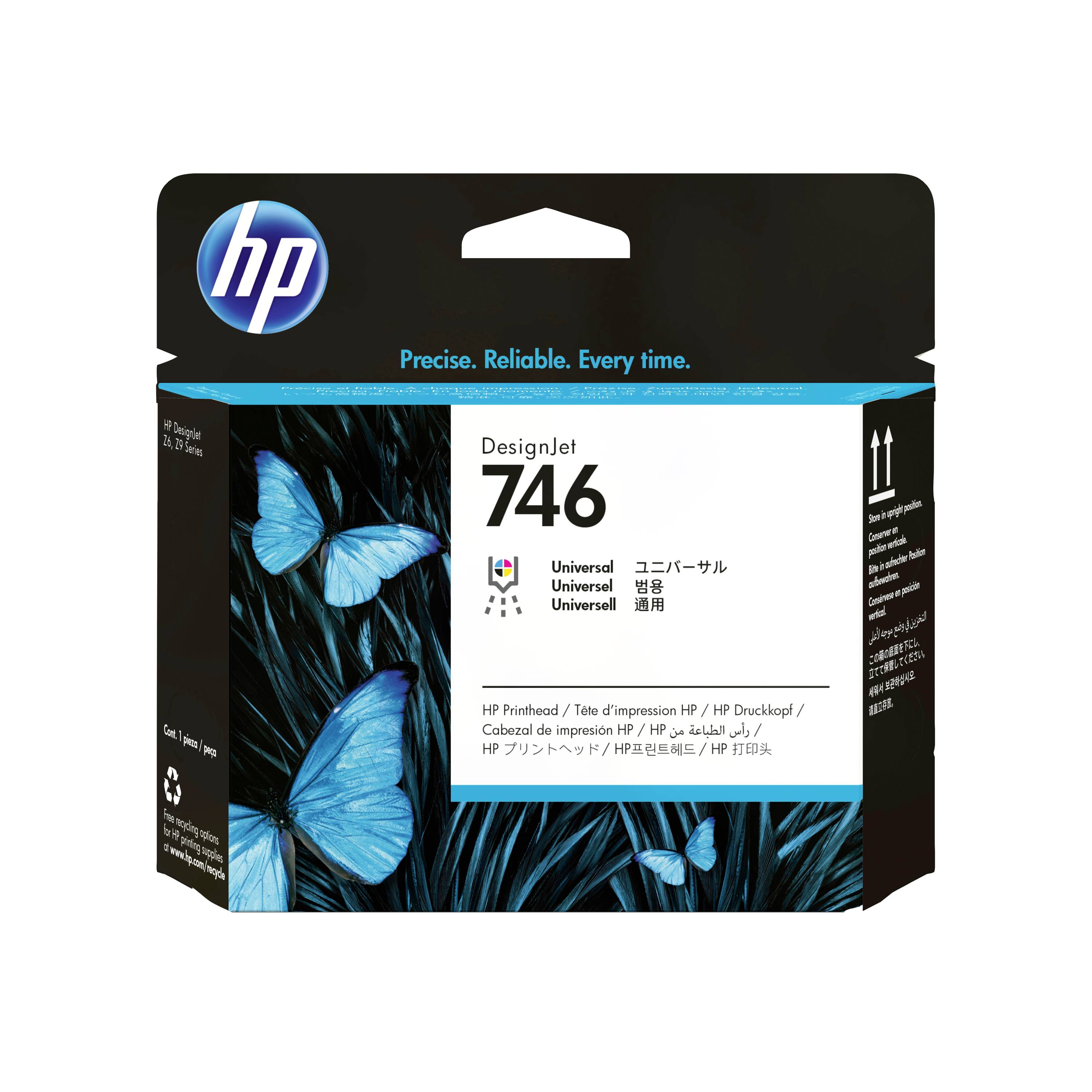 HP DesignJet 746 universelles Druckkopf-Paket mit blauem Schmetterlingsdesign und „Präzise. Zuverlässig. Jedes Mal.