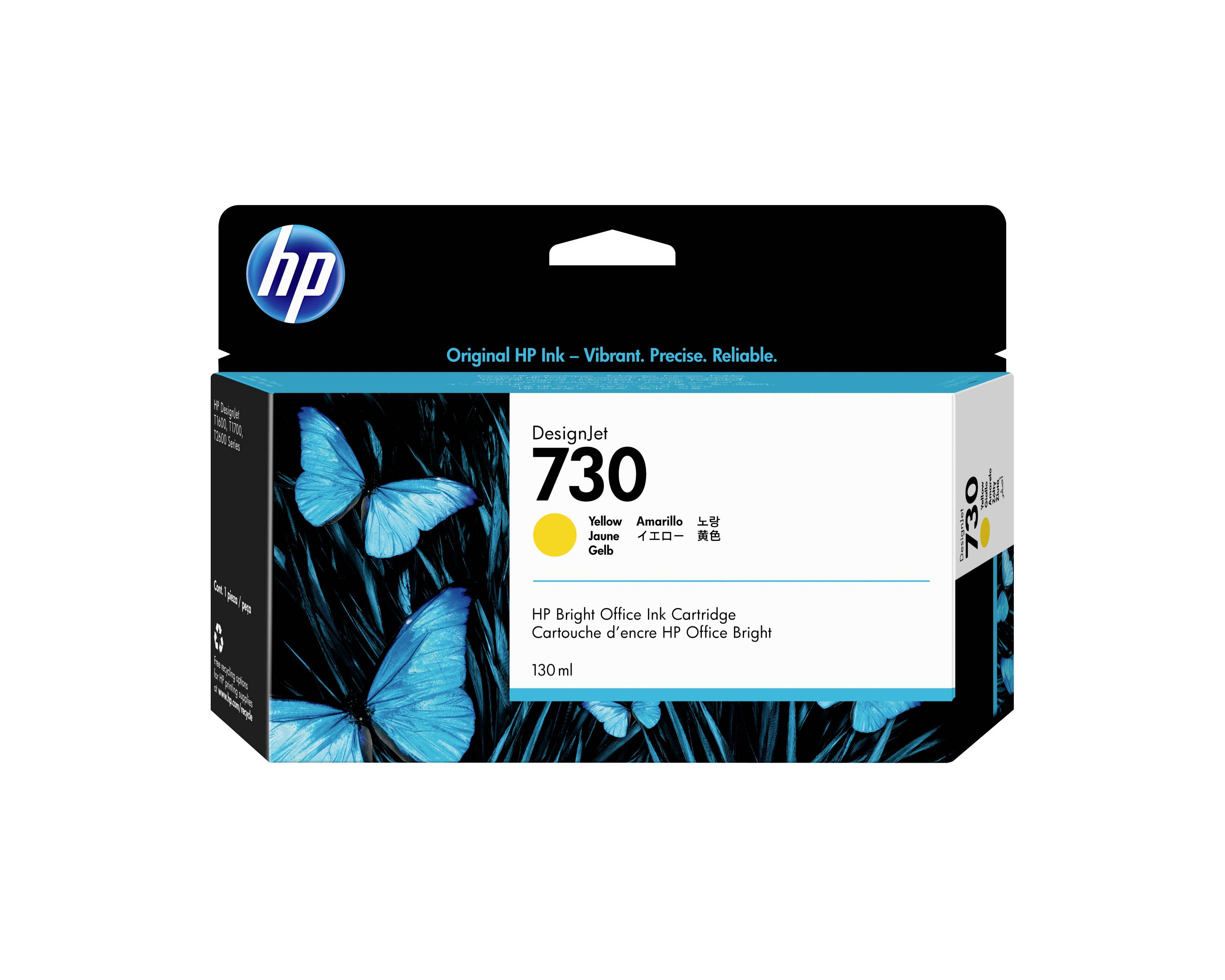 HP DesignJet 730 Original-Tintenpatrone, schwarze Schachtel mit blauem Schmetterlingsmotiv und Etikett mit gelber Tinte, 130 ml.