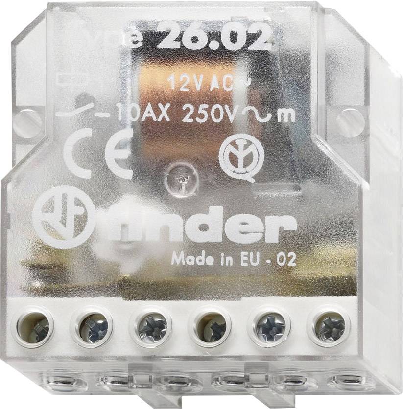 Durchsichtiges Finder-Relais, Typ 26.02, 12V AC, 10A, 250V, mit fünf Schraubklemmen, 'Made in EU' Aufschrift.