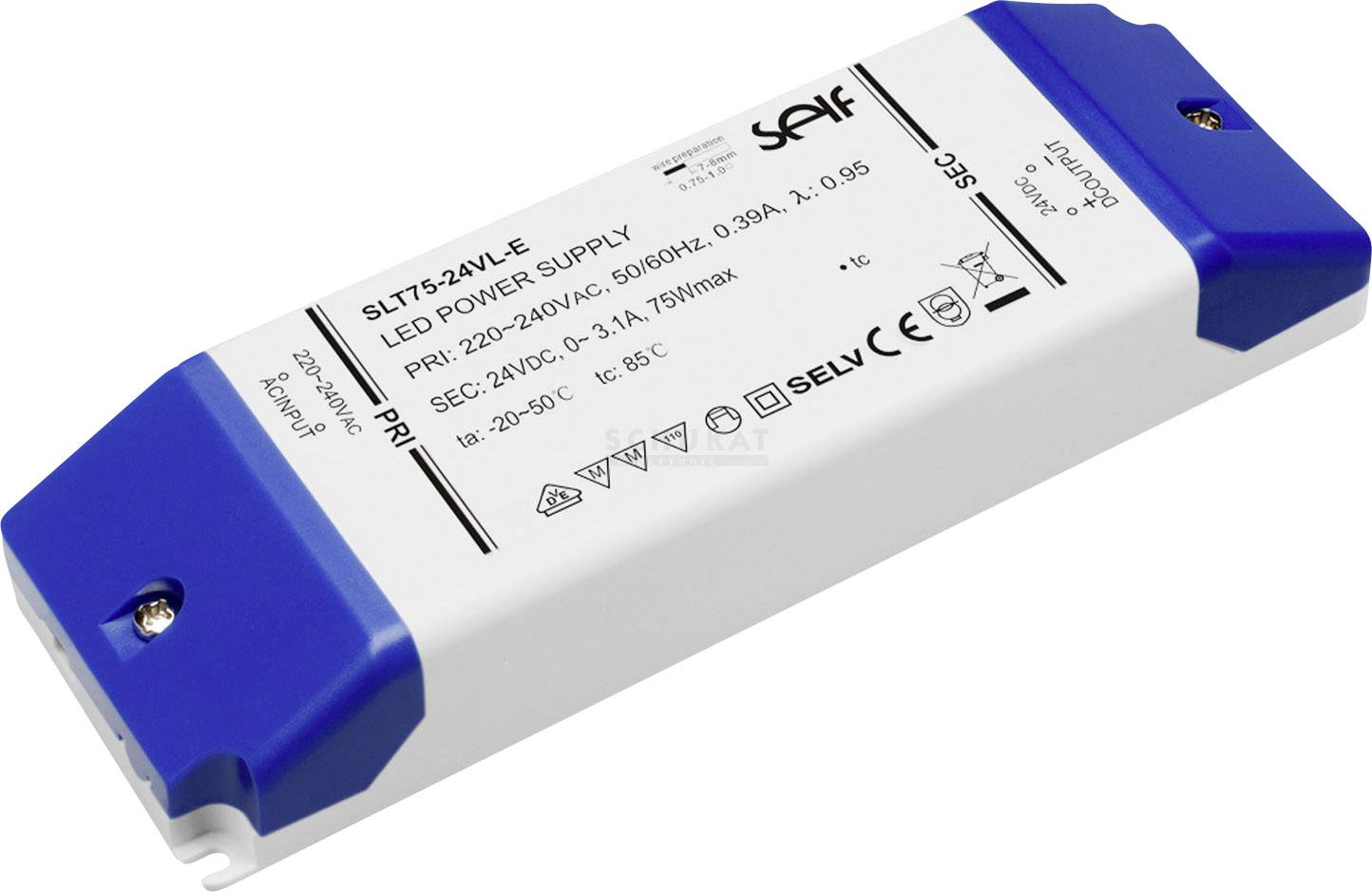 Netzteil für LED-Anwendungen, Modell 'SLT75-24V-L-E'. Primär: 220-240V AC, 0,39A. Sekundär: 24V DC, 3,1A, 75W max. Gehäuse mit blauen Enden.