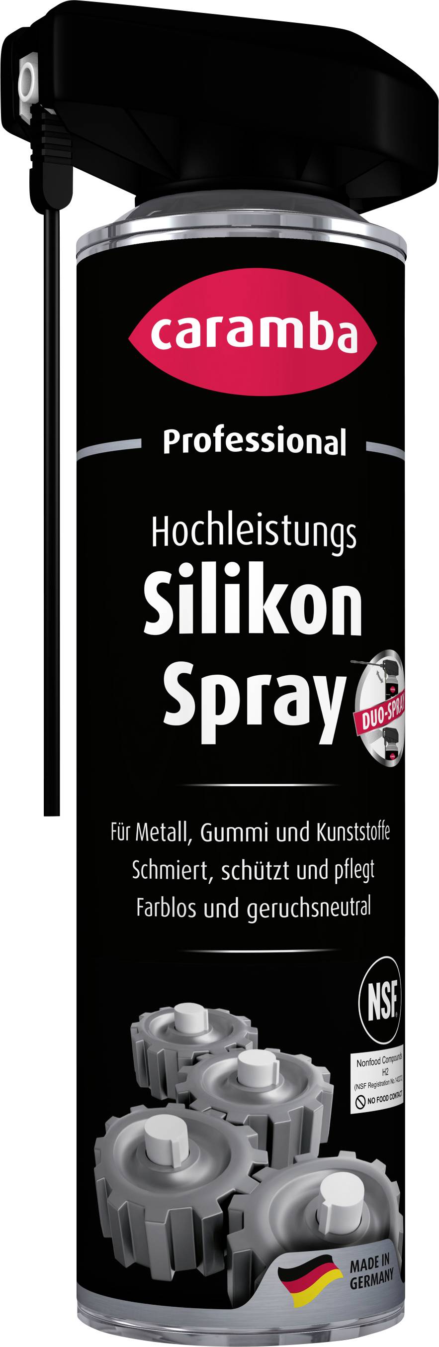 A black Caramba Professional 'Hochleistungs Silikon Spray' aerosol can with a spray nozzle, shown on a white background with a faint reflection.