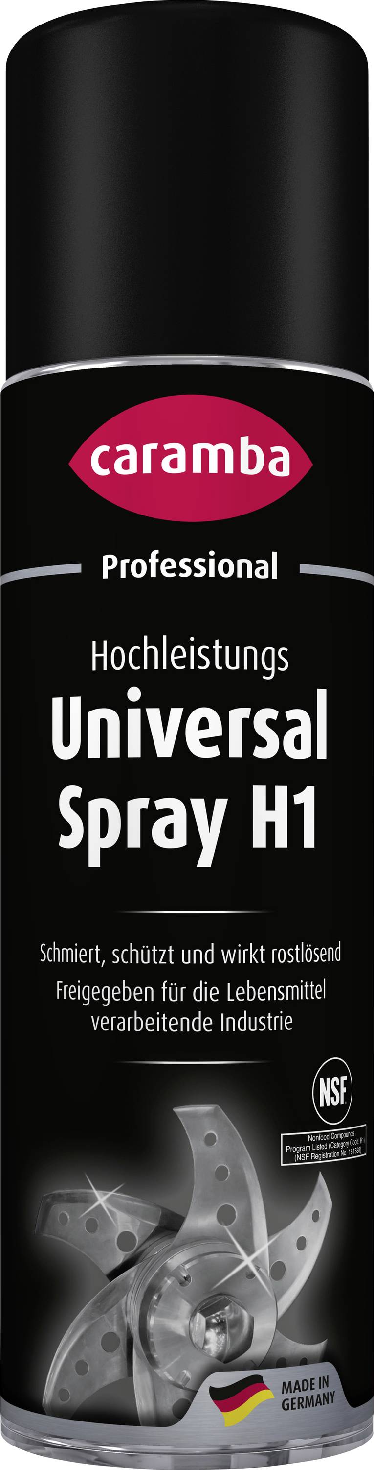 Caramba Professional Hochleistungs Universal Spray H1 Sprühdose mit Schmierstoff für industrielle Anwendung und NSF-Zertifizierungsetikett.