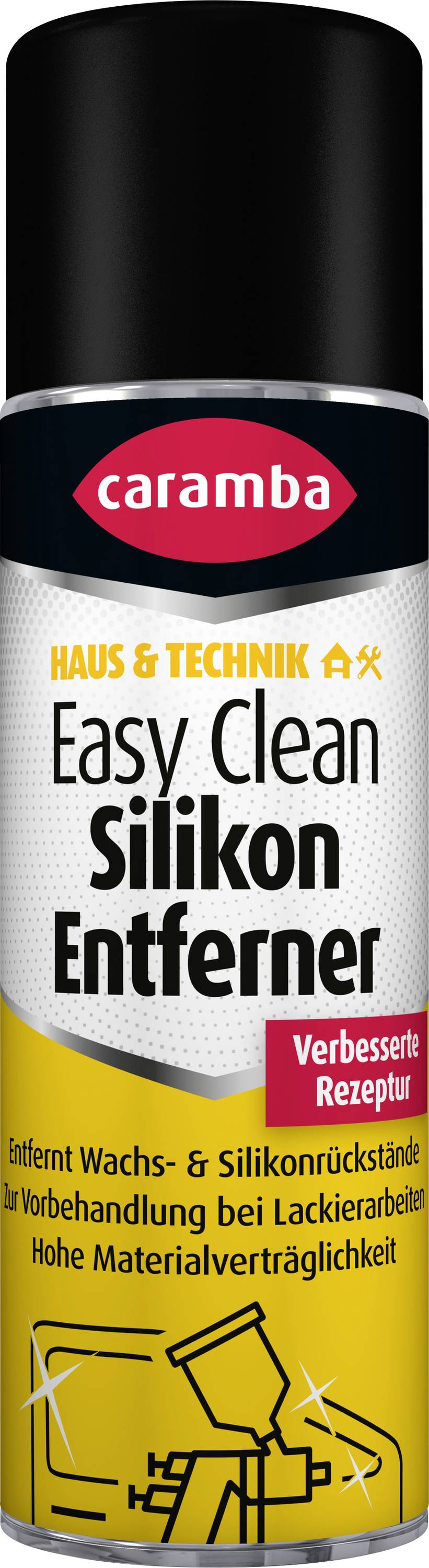 Caramba Easy Clean Silikonentferner-Spray in der Dose, beschriftet mit „Haus & Technik
