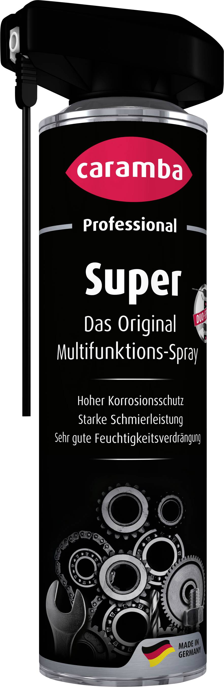 Caramba Professional Super Multifunktions-Sprühdose mit Sprührohr, gekennzeichnet als Original-Multifunktionsspray für Korrosionsschutz, Schmierung und Wasserverdrängung.