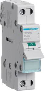 Ein weißer Hager-Sicherungsschalter mit der Aufschrift 'SBN116 16AX 230V' und einem grünen Hebel auf der Vorderseite.