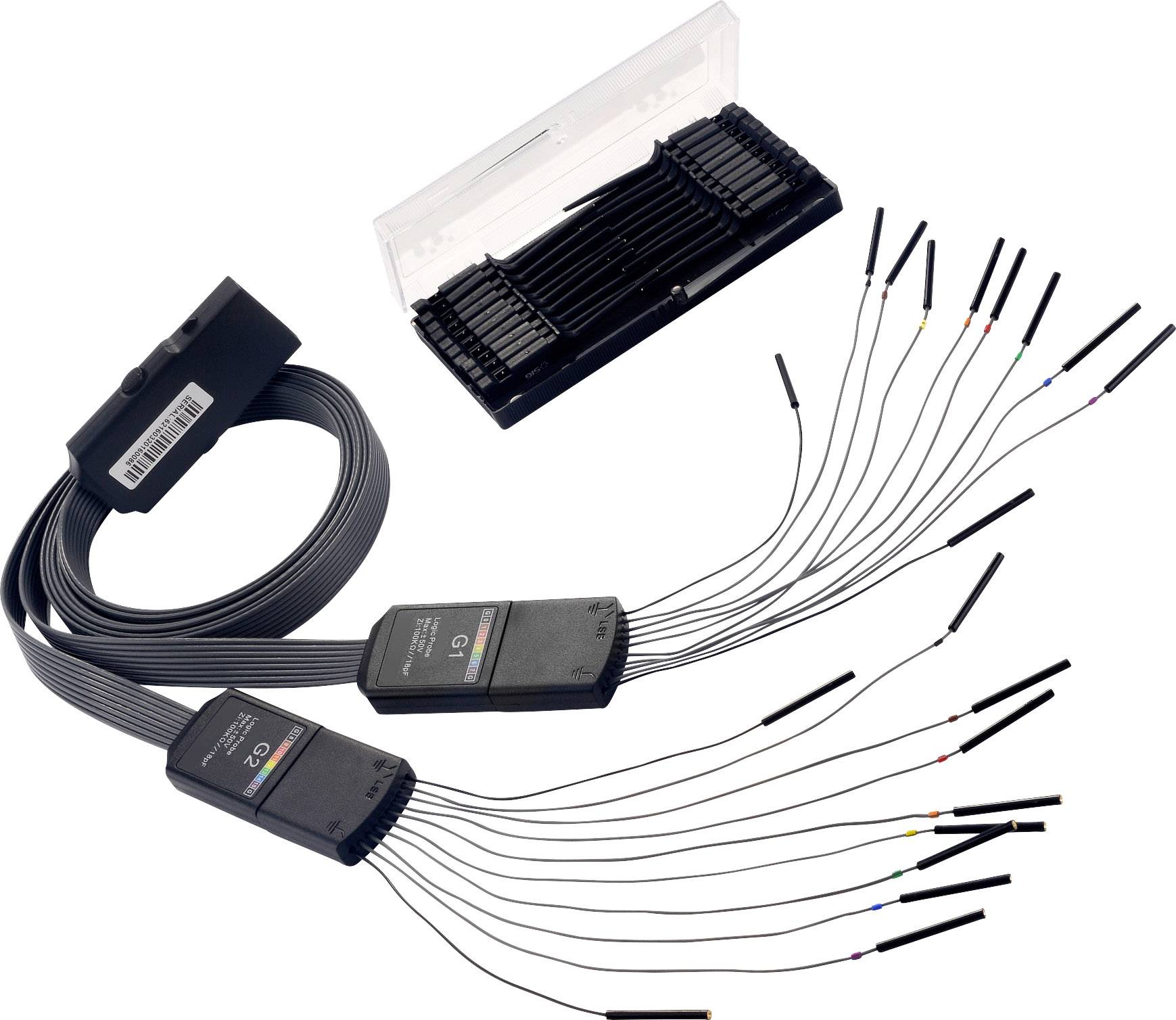 Ein Set aus Kabeln und elektronischen Modulen, verbunden mit farbcodierten Steckern für elektronische Mess- und Analysezwecke.