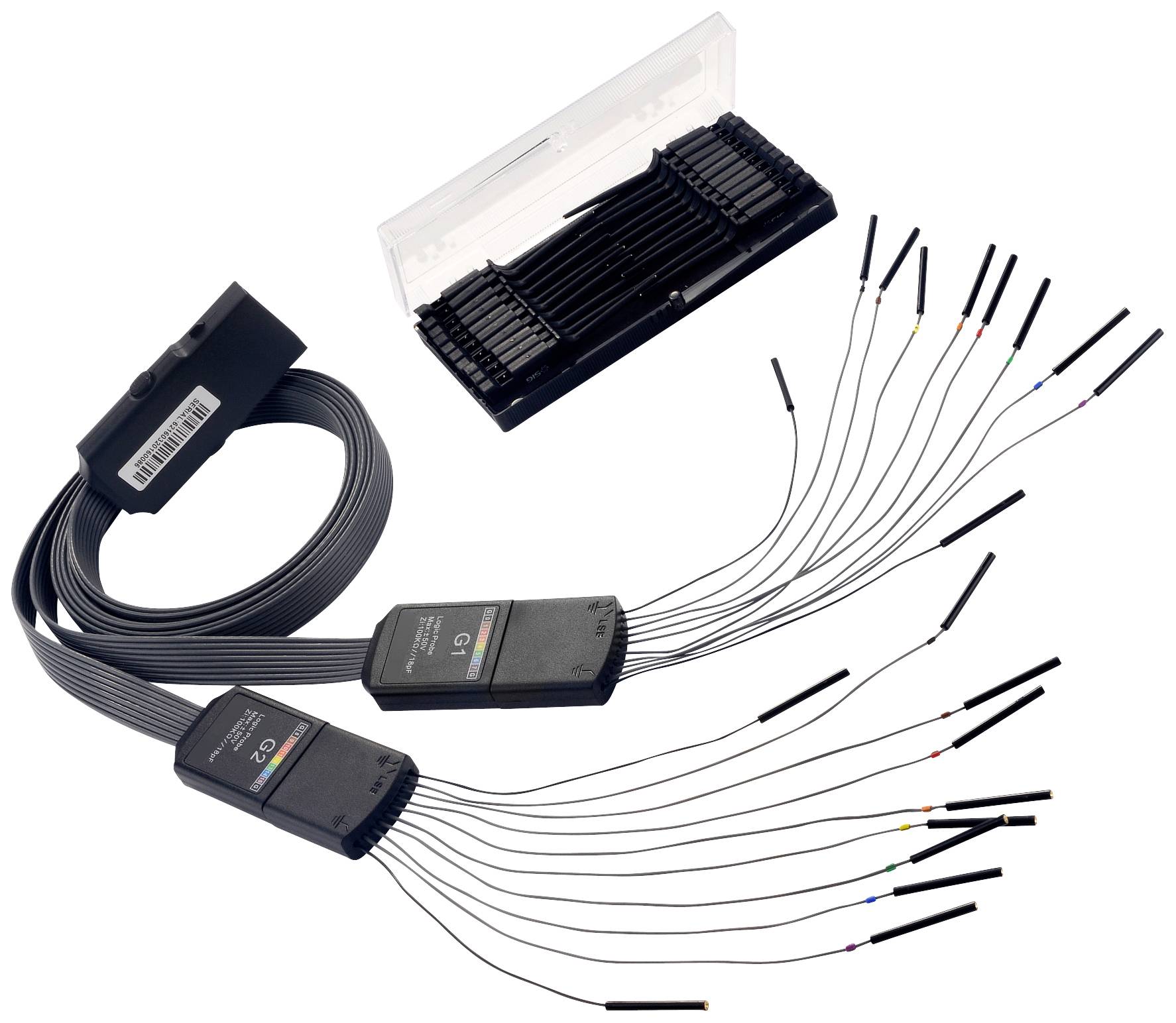 Analysestecker mit Kabeln und Anschlussmodulen, dient zur Überwachung und Analyse elektrischer Signale in technischen Geräten.