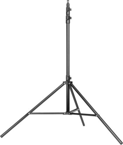 Schwarzes Stativ, dreibeinig, aus Metall. Verstellbare Höhe, geeignet für Kameras oder Beleuchtungsausrüstung.