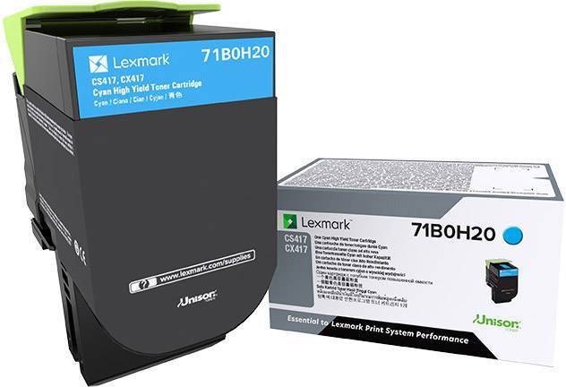 Tonerkartusche und Verpackung der Marke Lexmark, Modell 71B0H20, für Drucker CS417 und CX417. Hervorgehobene Farbe Cyan.
