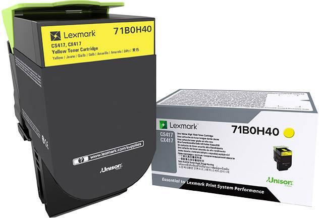 Darstellung einer gelben Lexmark 71B0H40 Tonerkartusche und Verpackung. Geeignet für Lexmark CX417 und CS417 Druckermodelle.