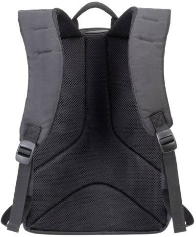 Grauer Rucksack in Rückansicht mit gepolsterten Schulterriemen und atmungsaktivem Netzrücken, geeignet für den täglichen Gebrauch.