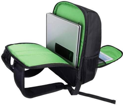 Ein schwarzer Rucksack mit grüner Innenauskleidung, teilweise geöffnet, zeigt ein darin verstautes Notebook.