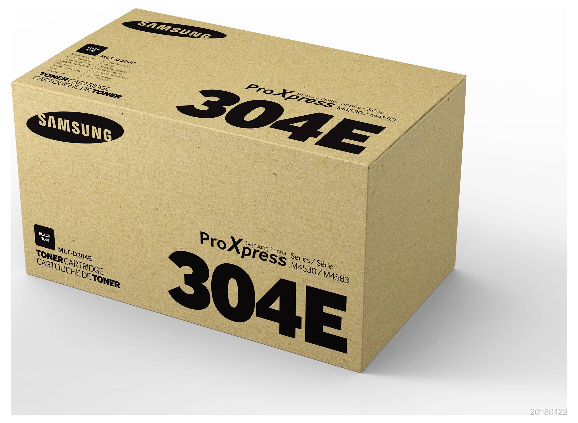 Samsung ProXpress 304E Tonerpatrone in einer braunen Verpackung mit großem schwarzem Produktnamen und Samsung-Logos.