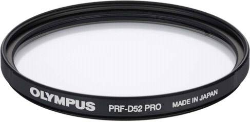 Ein runder Kamera-Objektivfilter von Olympus, Modell PRF-D52 PRO, mit der Aufschrift 'MADE IN JAPAN'.