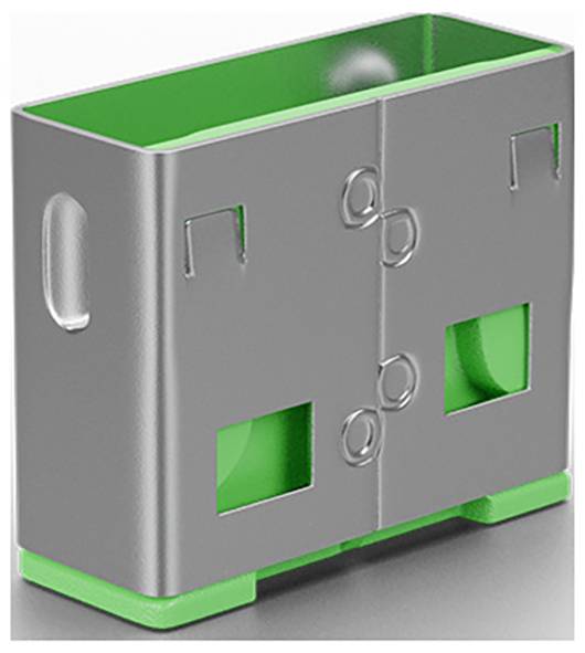 Graue rechteckige Metallgehäuse mit grünem Innenraum und Sockel, dargestellt in 3D-Perspektive auf weißem Hintergrund.
