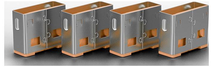 Vier grau-orange Metallkastenverschlüsse oder Scharnierhalterungen in einer Reihe dargestellt, wahrscheinlich zur Illustration einer Hardwareproduktvariation.