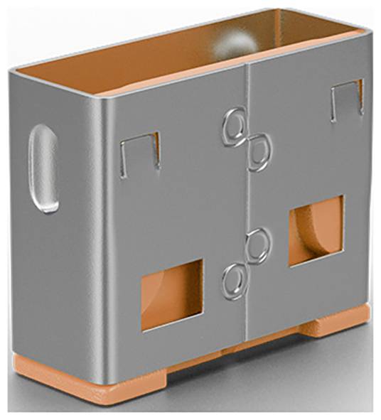 Grau-orange metallischer rechteckiger Kasten mit Griffausschnitten, Scharnierringen und quadratischen Öffnungen, dargestellt als 3D-Produktvisualisierung.