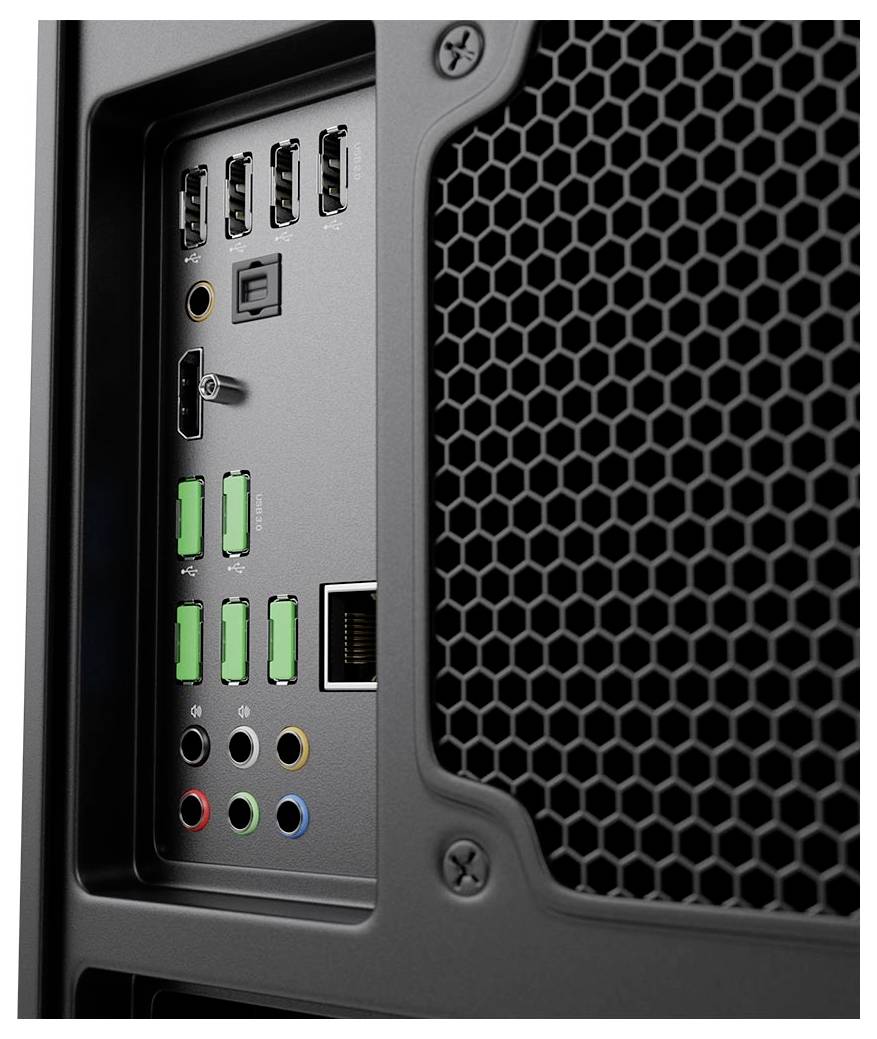 Nahaufnahme eines Rückseiten-E/A-Panels eines Computer-Towers mit USB-Anschlüssen, Audio-Buchsen, Ethernet und einem Wabenbelüftungsgitter.