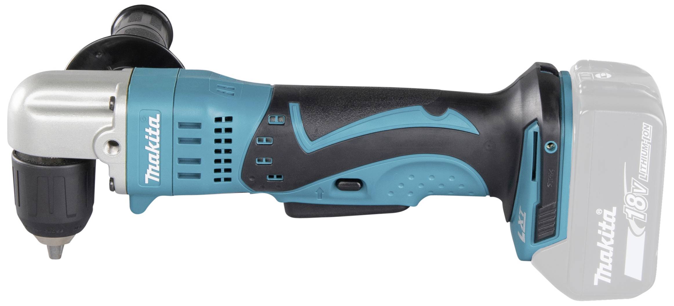 Winkelbohrmaschine mit blau-schwarzem Griff und abnehmbarem 18V Akku, geeignet für enge Stellen und präzises Bohren.