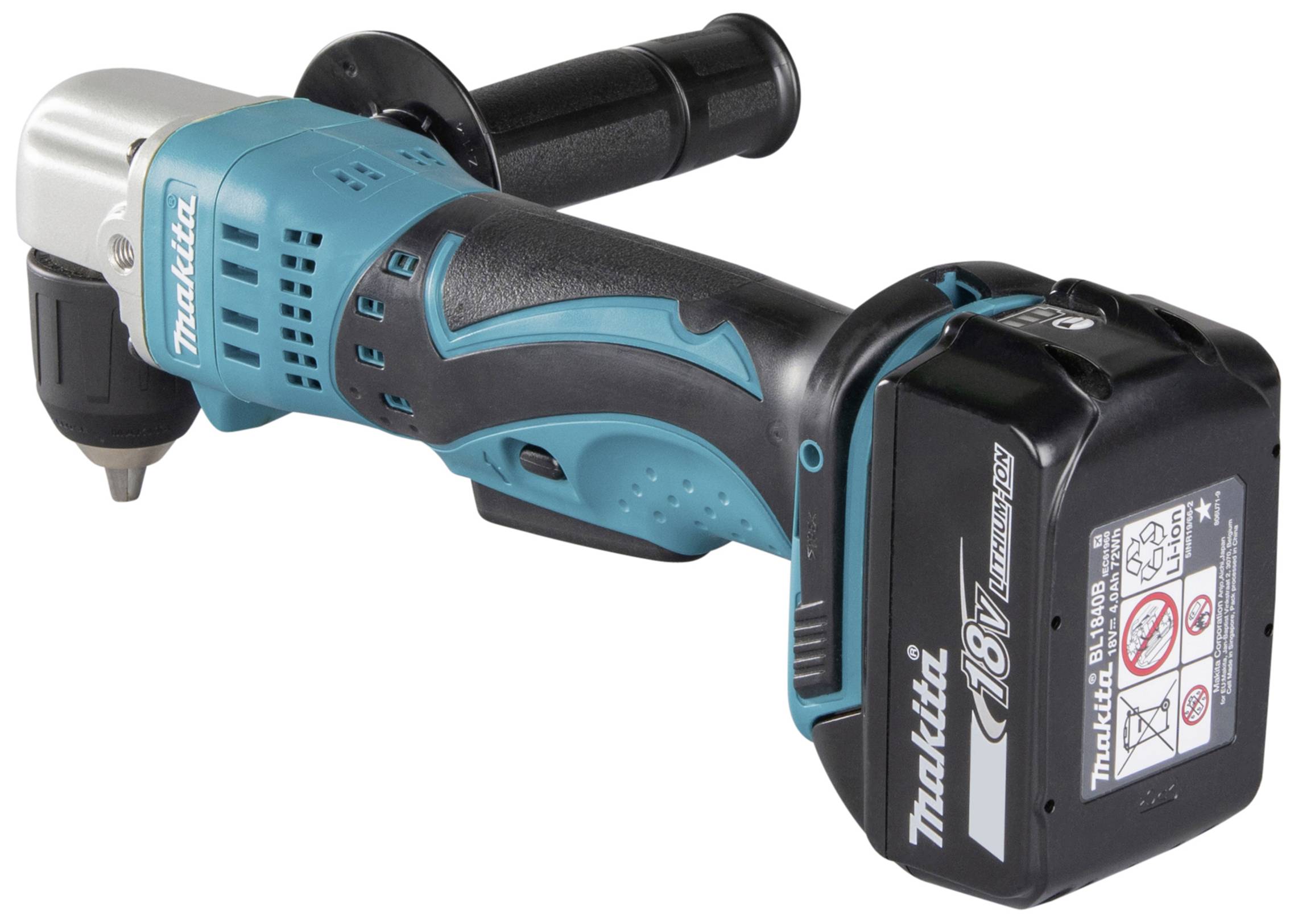 Ein blauer und schwarzer Akku-Winkelbohrer mit 'Makita' Logo und einem 18V Lithium-Ionen-Akku.