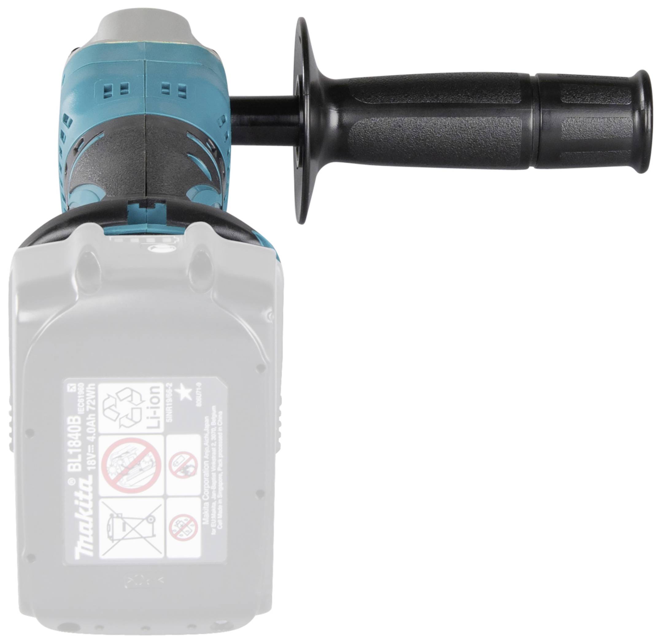 Akkubohrmaschine von oben mit blauem Gehäuse und schwarzem Griff. Akku mit aufgedruckten Warnhinweisen gut sichtbar.
