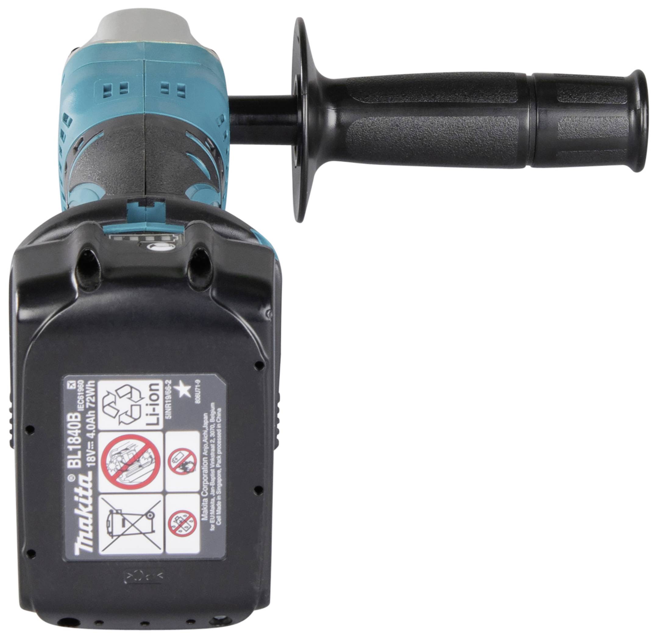 Ein Akkubohrer mit schwarzem Griff und blauem Gehäuse. Die Batteriebezeichnung ist 'BL1815N' mit Informationen zur Handhabung.