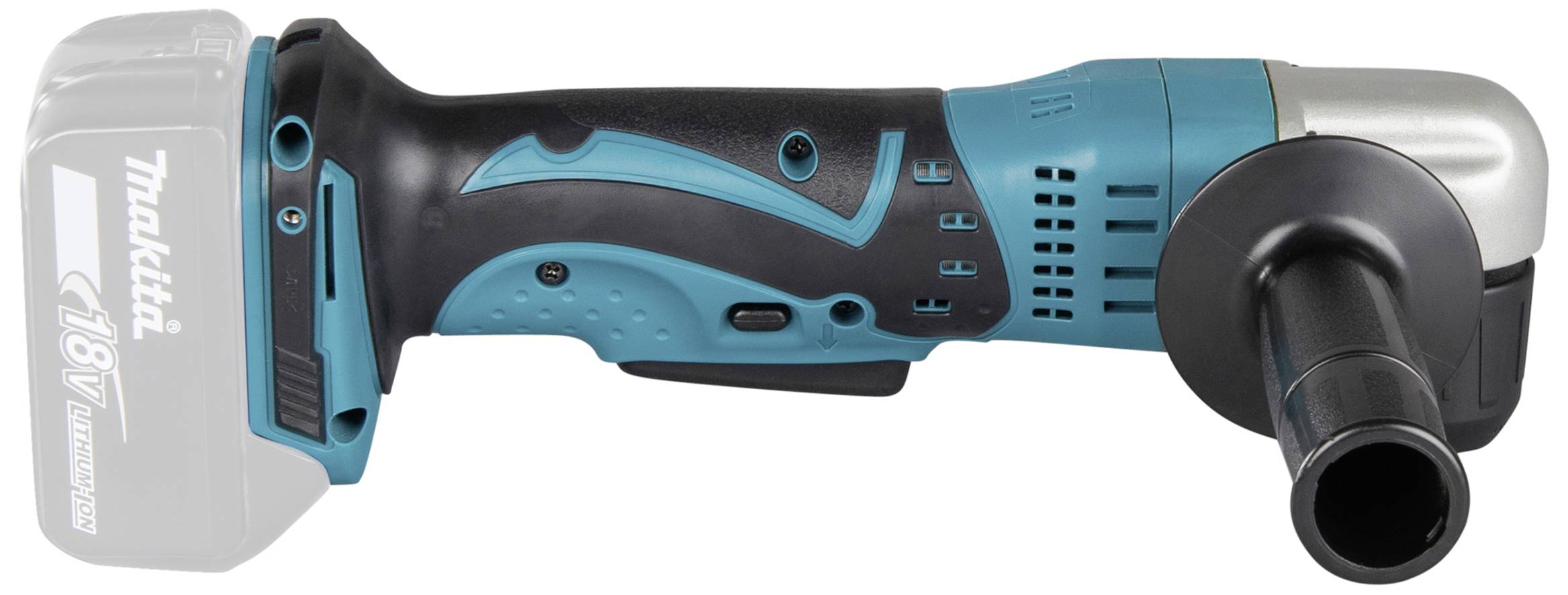 Ein blauer und schwarzer Akku-Winkelschleifer mit abnehmbarem Griff und 18V-Batterie. Geeignet für Schleif- und Schneidearbeiten.