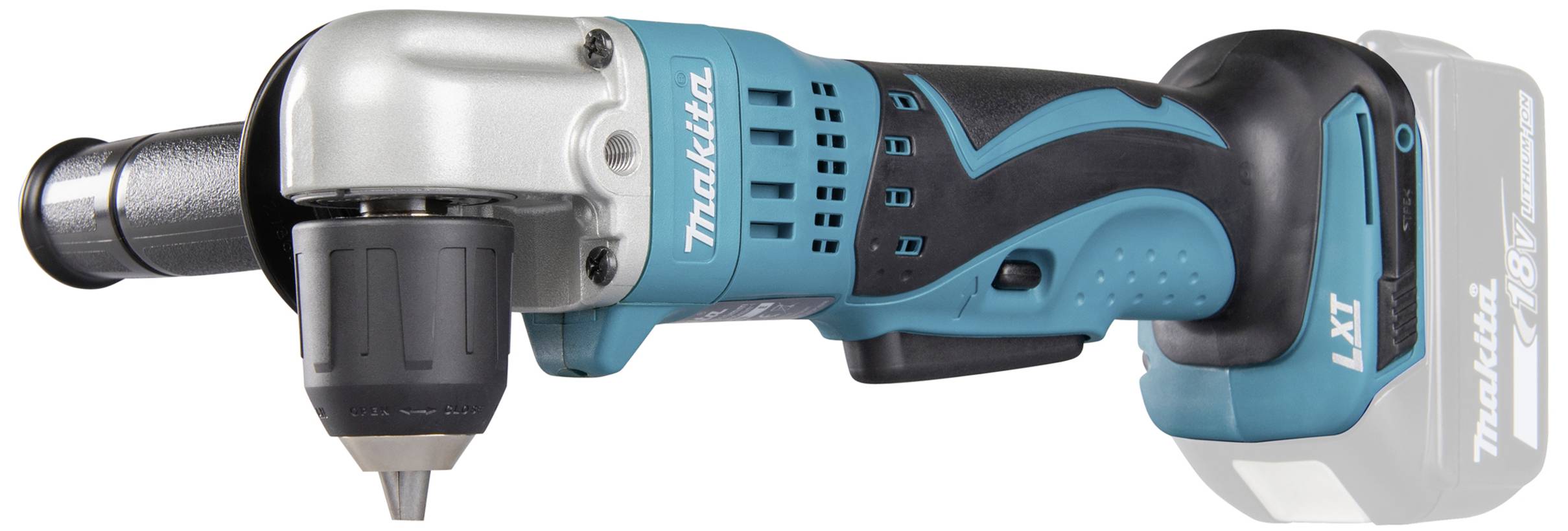 Akku-Winkelbohrmaschine mit blau-schwarzem Gehäuse und ergonomischem Griff, geeignet für enge Räume und präzises Bohren.