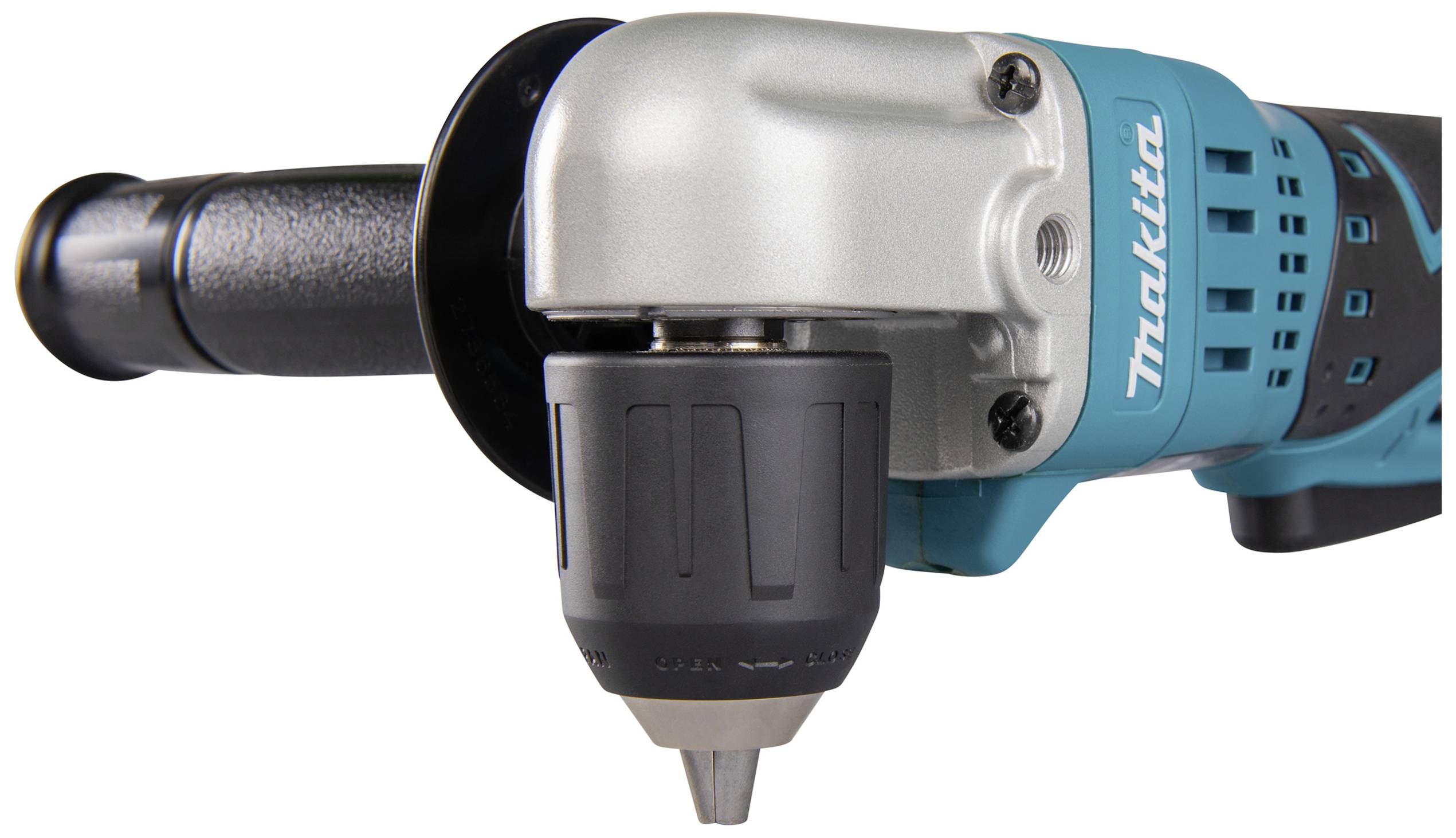 Elektro-Winkelschleifer, Nahaufnahme einer Seite mit Griff und schwarzem Spannfutter. Marke: Makita.