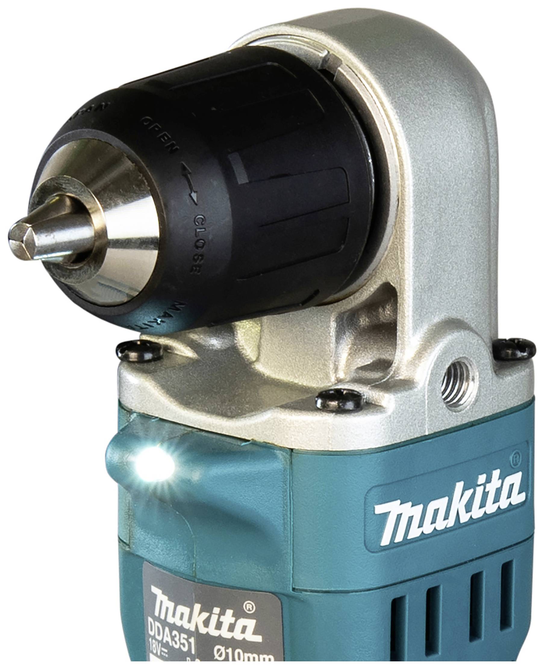 Makita-Winkelbohrmaschine mit seitlichem Handgriff und LED-Licht, ideal für schwer zugängliche Bereiche.