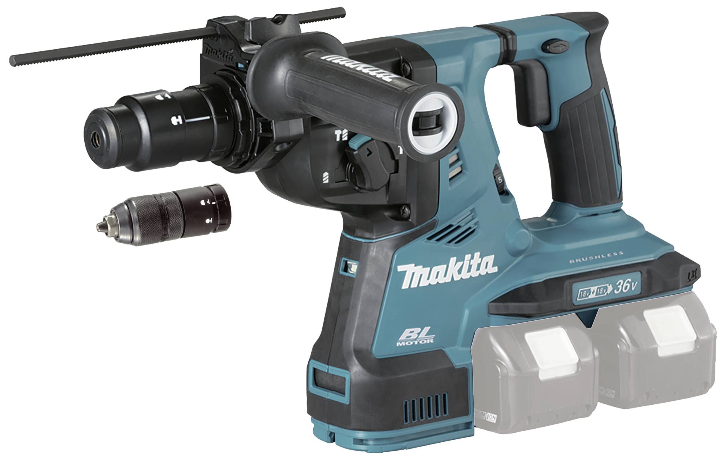 Ein kabelloser Bohrhammer mit blauem Gehäuse, doppelt gekoppelten Akkus und austauschbarem Bohrfutter, geeignet für schwere Arbeiten.