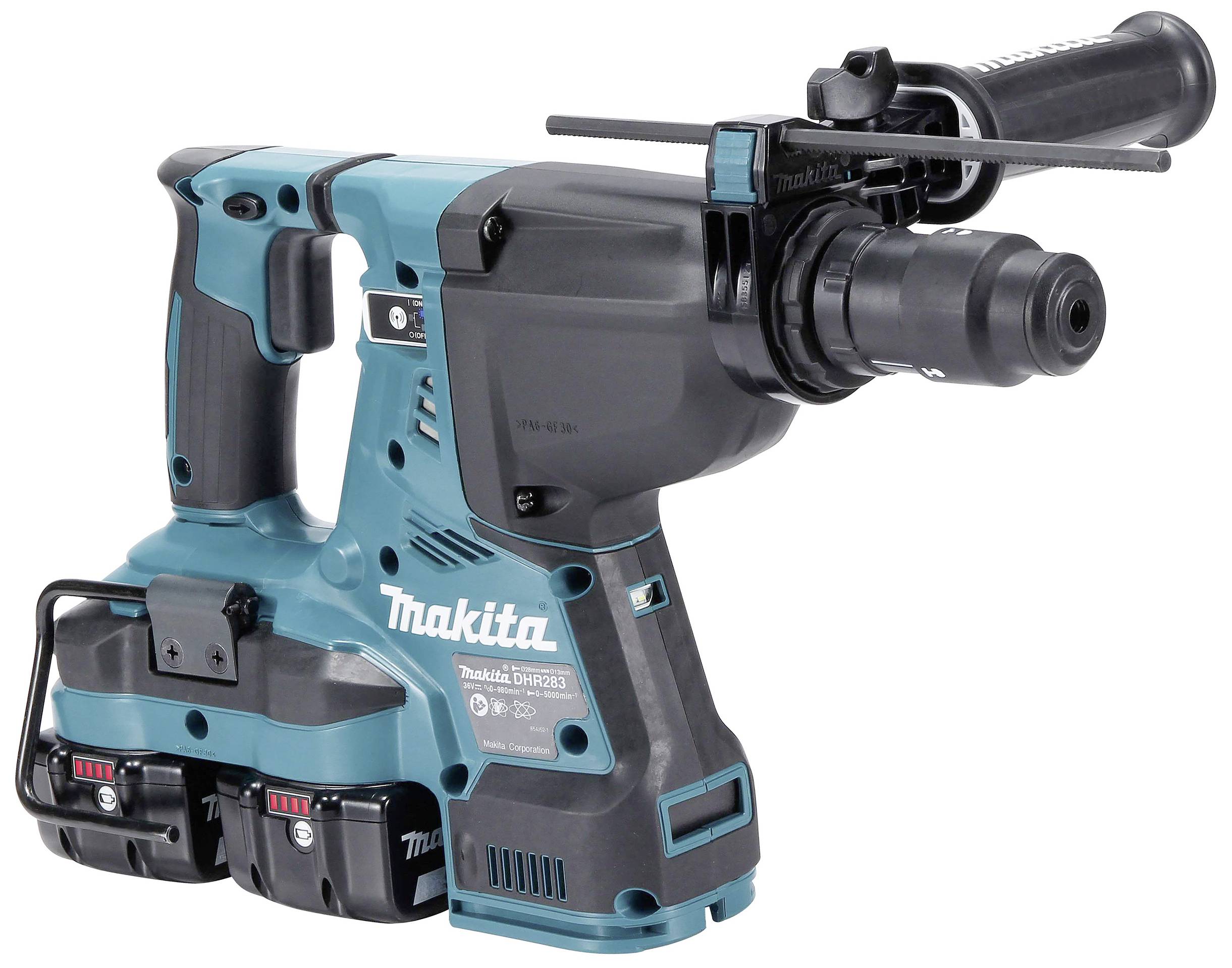 Bohrhammer von Makita mit zwei Akkus an der Basis, griffbereit.