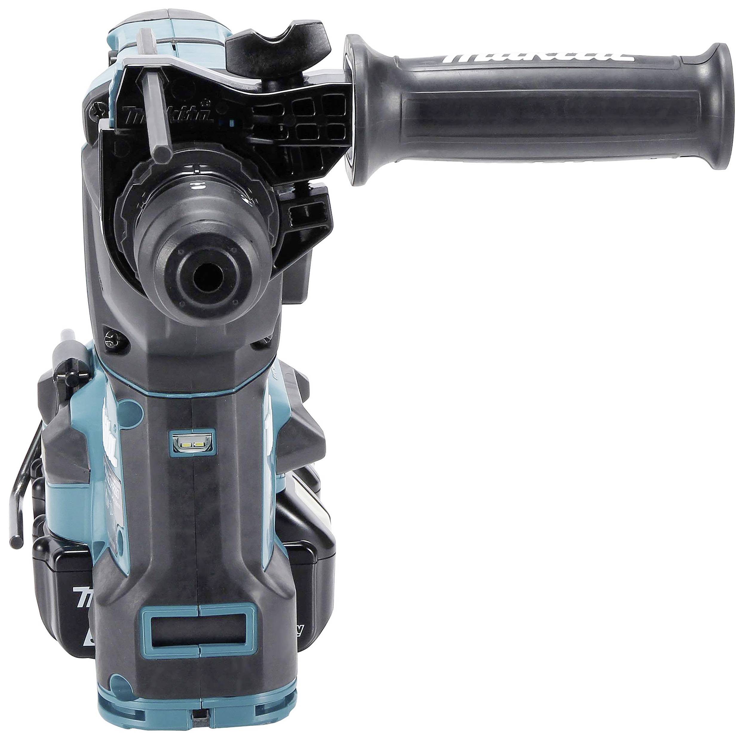 Eine blaue Bohrmaschine von vorne mit schwarzem Handgriff, geeignet für Bau- oder Heimwerkerarbeiten.