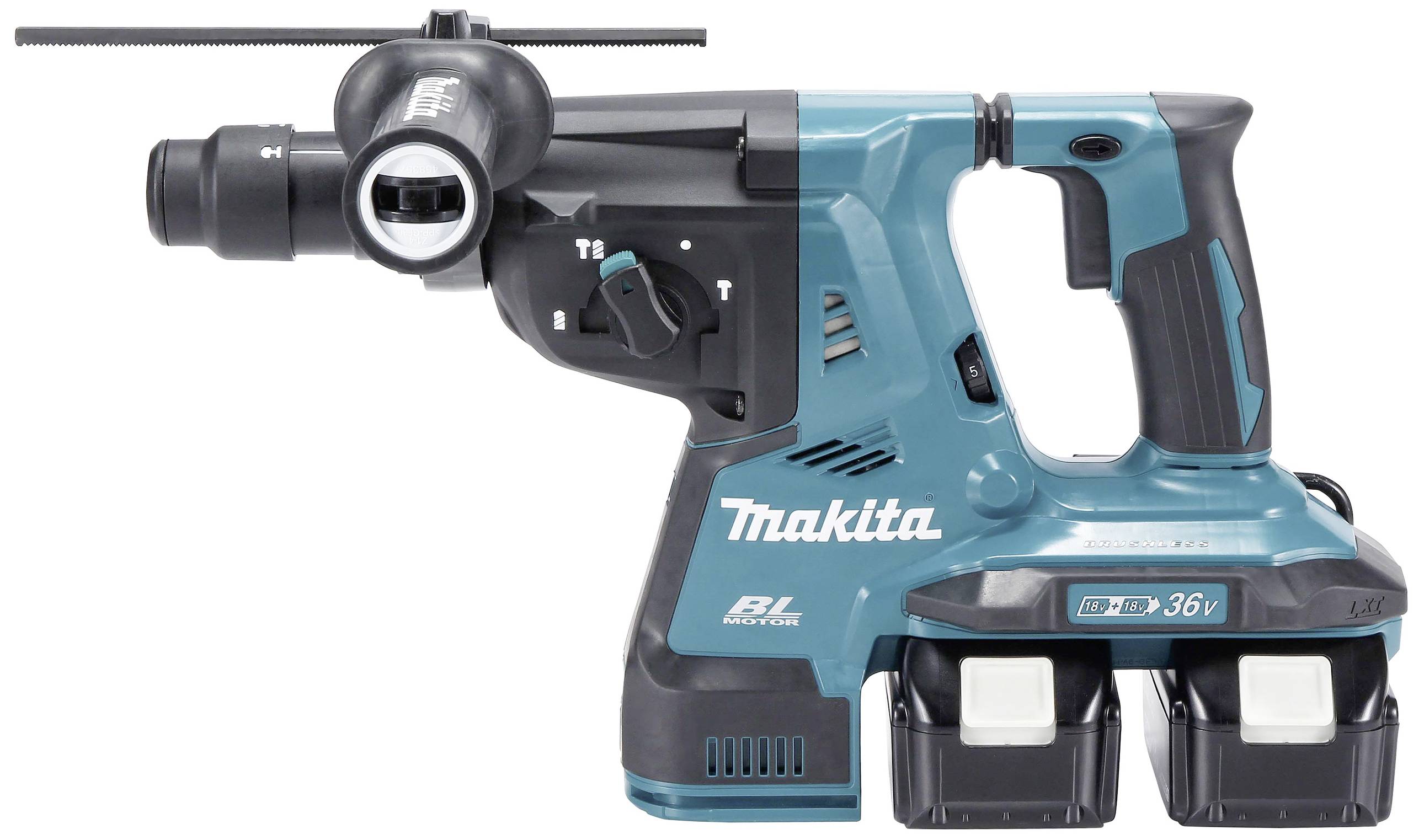 Ein kabelloser, blauer Bohrhammer mit zwei eingesetzten Akkus. Auf der Seite steht 'Makita BL Motor LXT 36V'.